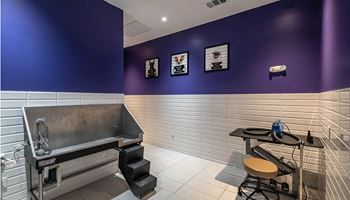 A spa room with a hot tub and a table with a chair